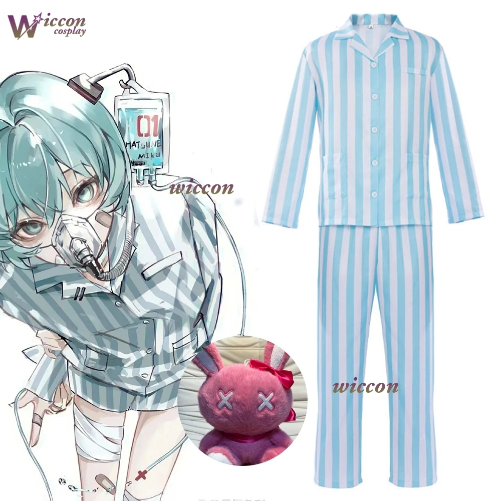 Miku Krankenschwester-Patienten-Cosplay-Kostüm Dunkel Gestreiftes Langarm-Set Halloween Weihnachtsfeier Anime Rollenspiel Komplettes Outfit