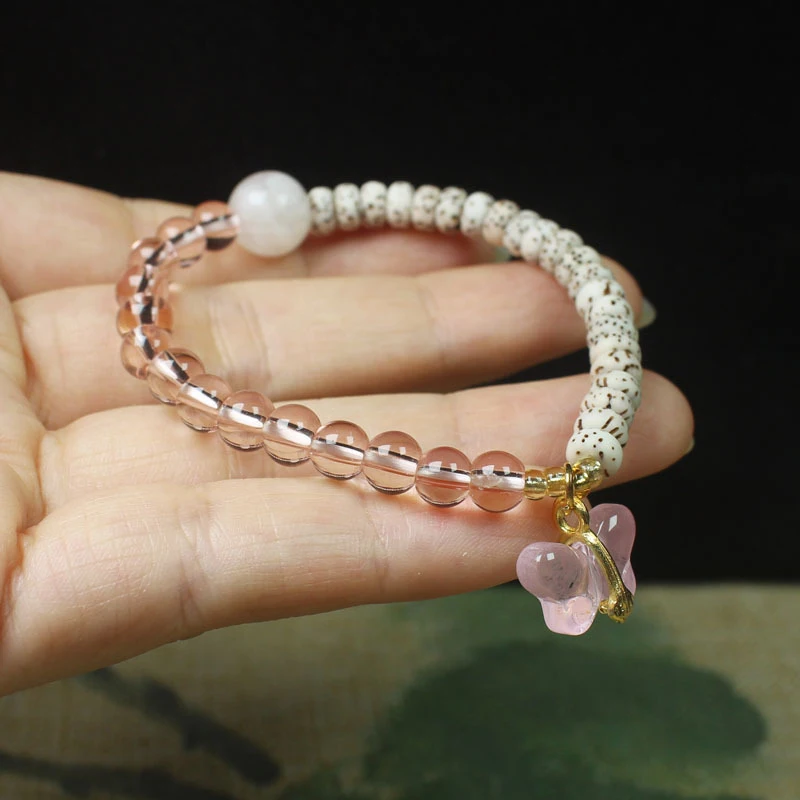 

Star and Moon Bodhi Bead Bracelet with Pink Butterfly Pendant - Forest Style Buddhist Prayer Beads and Decorative Item