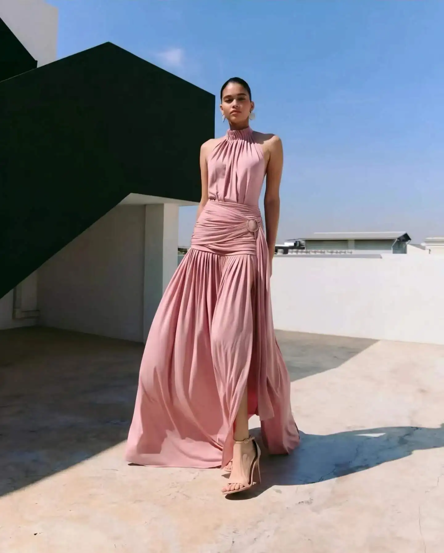 2026 Elegant Modest Halter Neck Ruched Maxi Dress with Draped Waist and Side Slit, Perfect for Weddings Shabbat