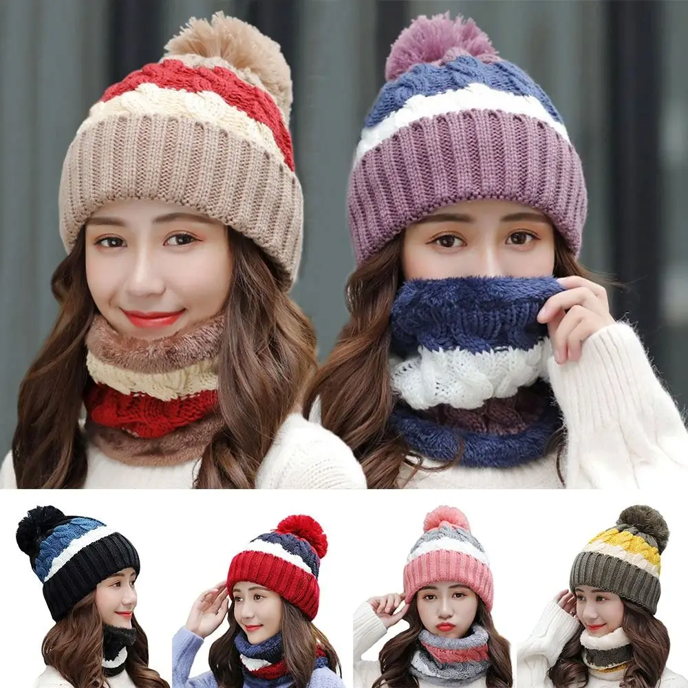 

2PCS/Set Winter Women Wooly Thick Knit Woollen Hat And Scarf Set knitted Cap Neck Protection Windproof Hat