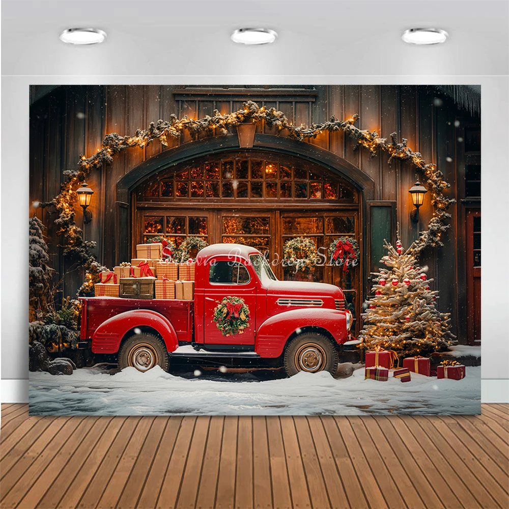 Christmas Red Truck Photo Background Winter Snow Xmas Tree and Gifts Photography Backdrop Kids Portrait Photo Studio Props