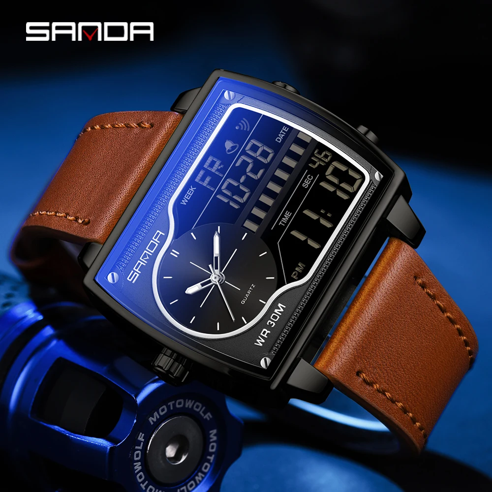 SANDA 6163 Men\'s Quartz Electronic Dual Screen Watch Waterproof Countdown Quartz Steel/Leather/Rubber Band Men\'s Watches