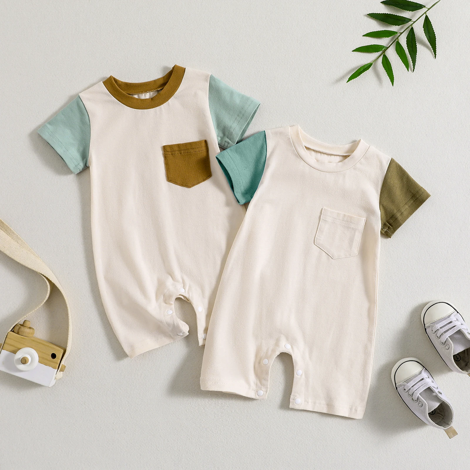 

2023-04-17 Lioraitiin 0-24M Baby Boys Girls Summer Casual Jumpsuit Short Sleeve O Neck Contrast Color Patchwork Romper