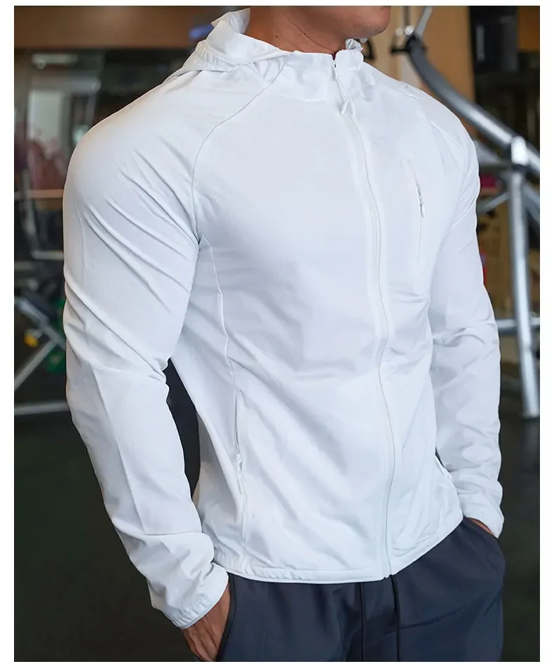 Hochwertiger Nylon-Sportmantel für Herren, Fitnessstudio, Fitness, Hoodies, Outdoor-Workout-Tops, Kapuzentraining, Laufen, Reißverschlussjacke, Kleidung – Detail 7