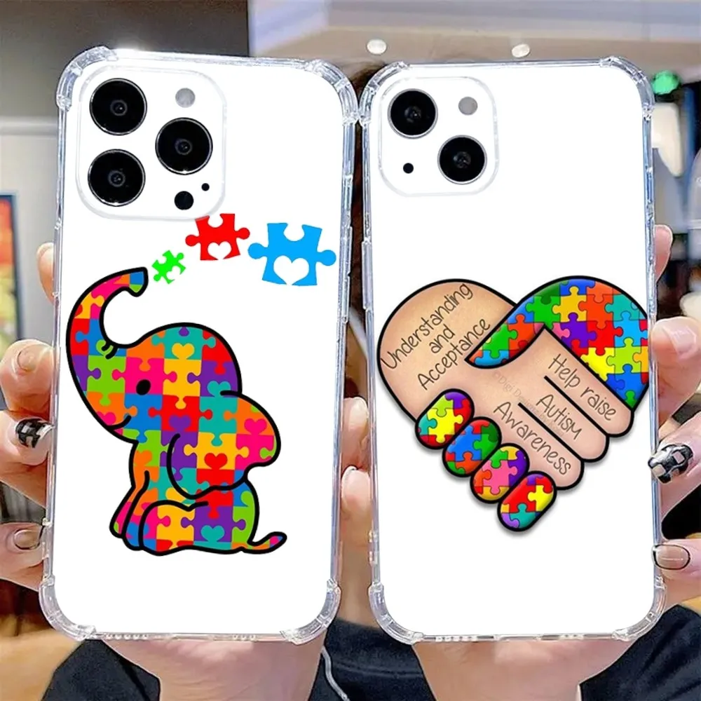 Puzzle Autism Awareness Phone Case For iPhone 15,14,13,12,11 Plus,Pro,Max,XR,XS,X,7,8 Plus,SE,Mini Transparent Silicone Soft