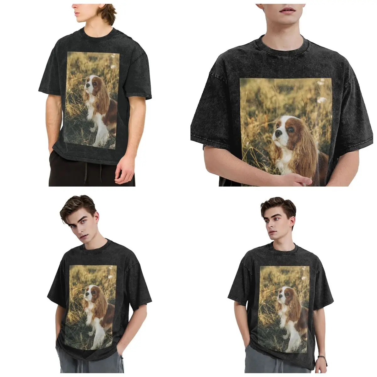 Streetwear T-Shirts Custom Cavalier King Charles Spaniel Square Washed T Shirt Short Sleeve Hip Hop T-Shirt Tops Tees