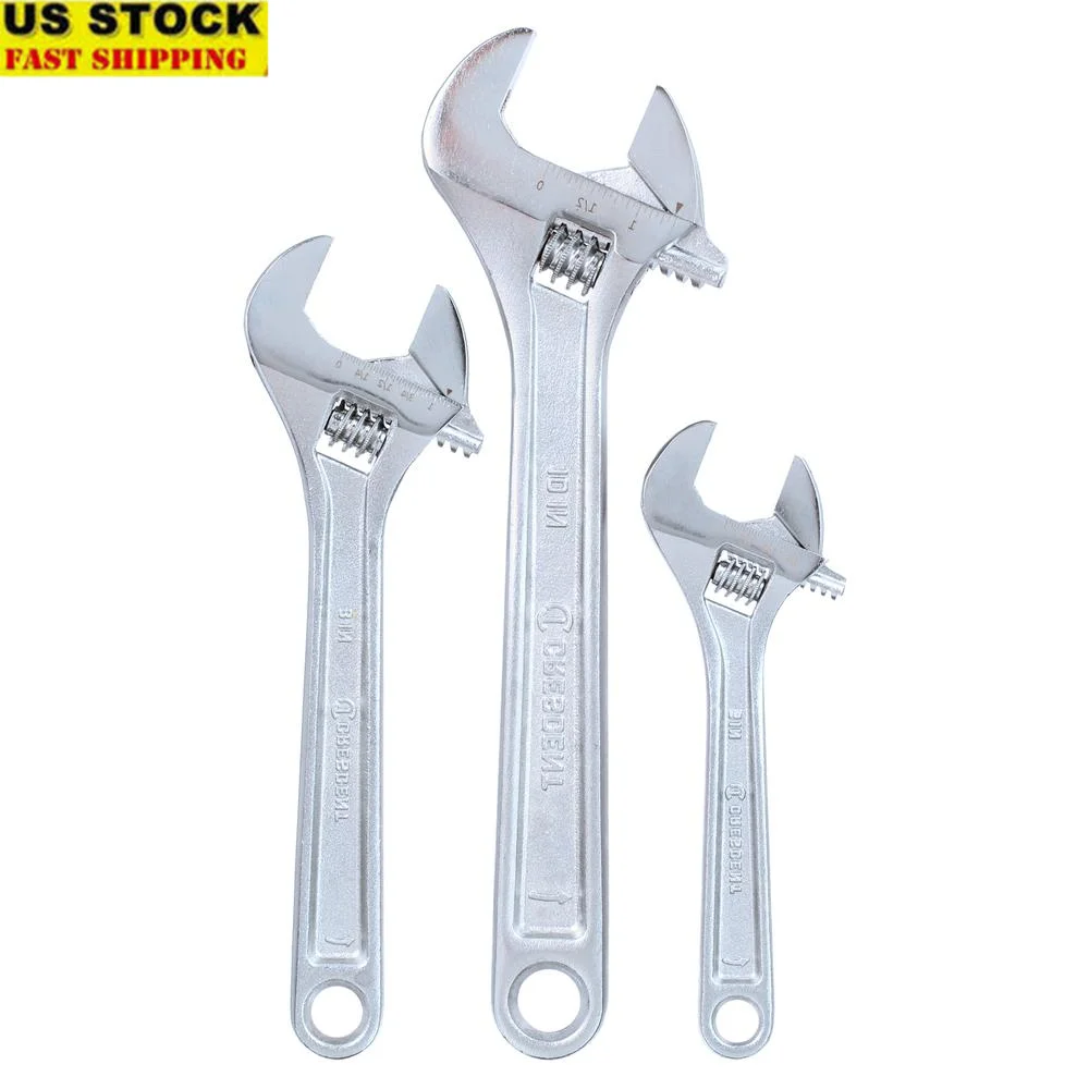 Adjustable Wrench Set 3pc Knurl Handle Hex Grip Chrome Finish Solid Operation Heavy Duty