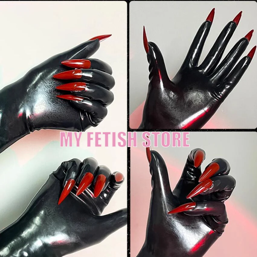 Crossdressing Oil Glossy Flesh And Black Sexy Men's Women's Fetish Shiny Latex Rubber Cosplay Kigurumi Gloves With Nails Art