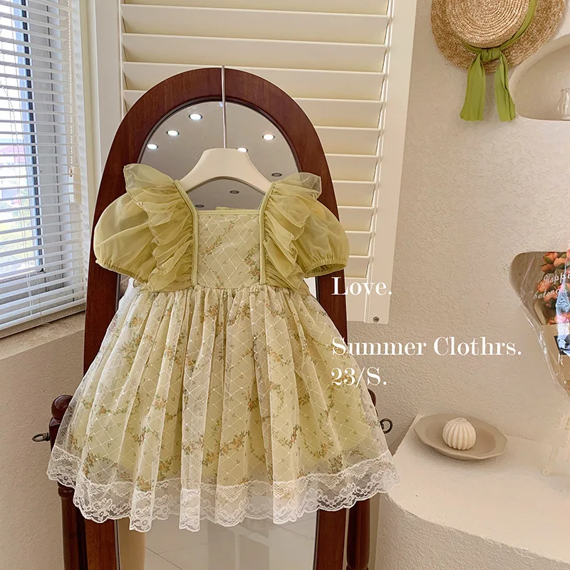 

2024 Flowers Ruched Kids Girls Dress Lace Patchwork Children Girl Clothing Puff Sleeves Dresses Summer Cute Princess Vestidos