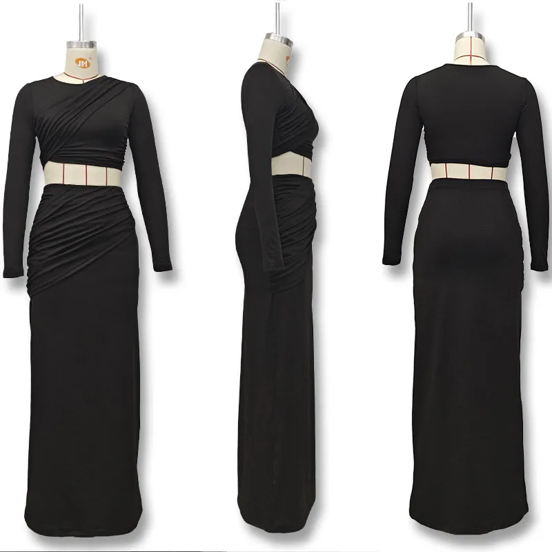 Elegant Party Ruched Maxi Dress Sets Women 2 Piece Club Outfits Long Sleeve O-neck Crop Top and Bodycon Long Skirt Matching Sets