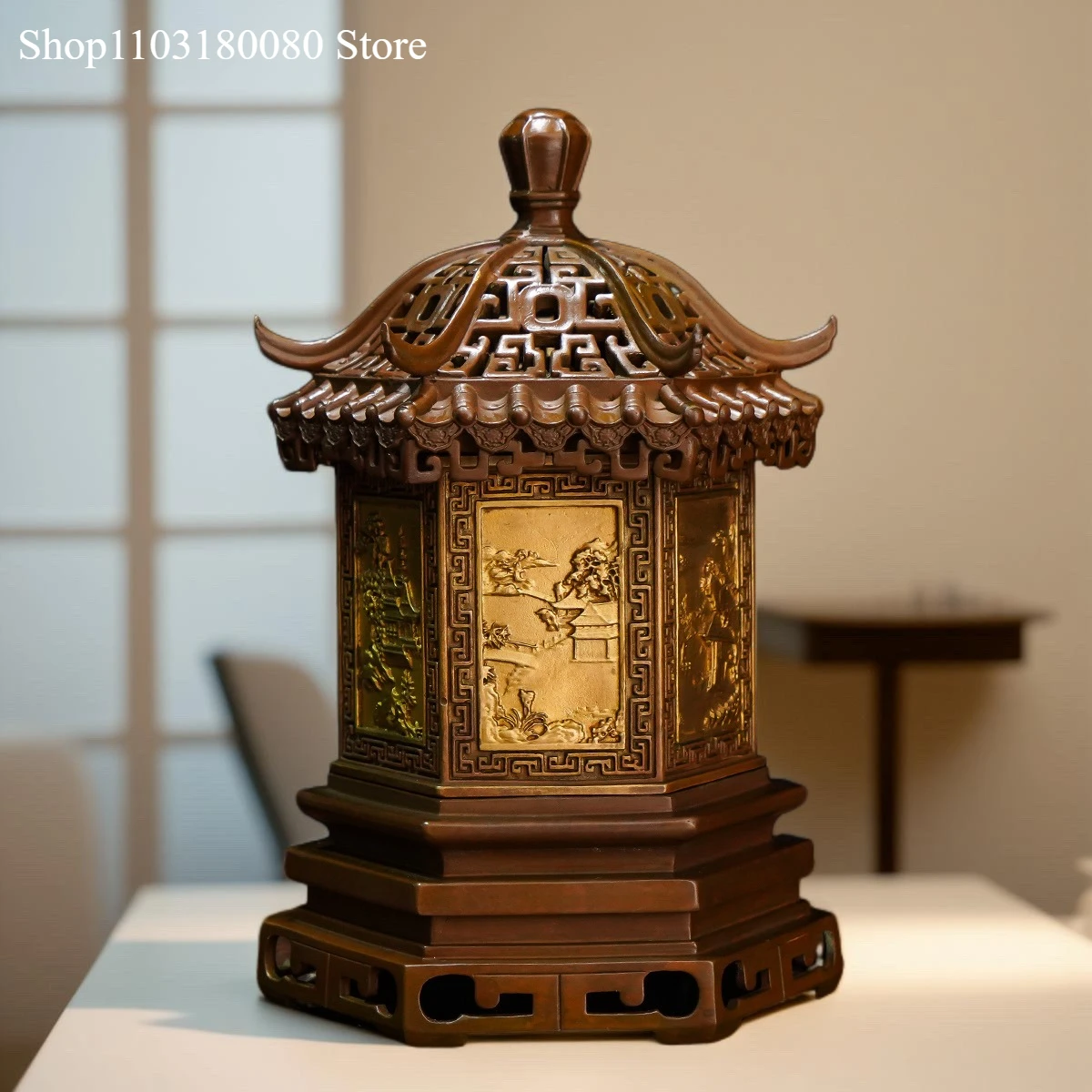 20cm Copper gilding carving Gusu Prosperity Six pavilions style Incense Burner Chinese zen home decor