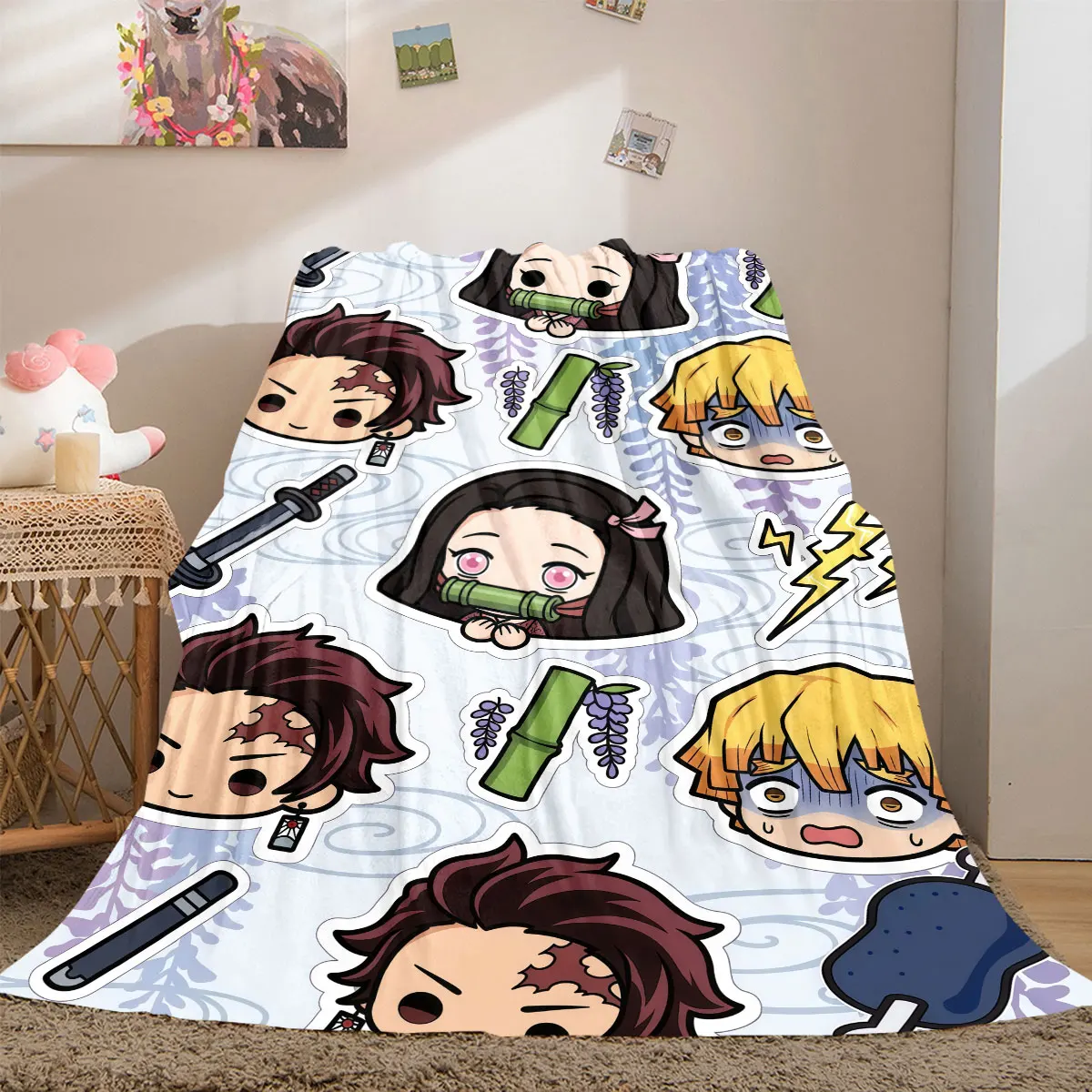 Demon Slayer Comfy 2D Cartoon Flannel Blanket, Printed Style for Couch, Warm Home Decor Travel Throw Mat_LIAN