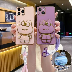 15pro Cute Rabbit Wrist Strap Phone Holder Case For iPhone 15 14 13 12 11 Xs Pro Max X XR Mini Apple 6 6s 7 8 Plus Stand Cover