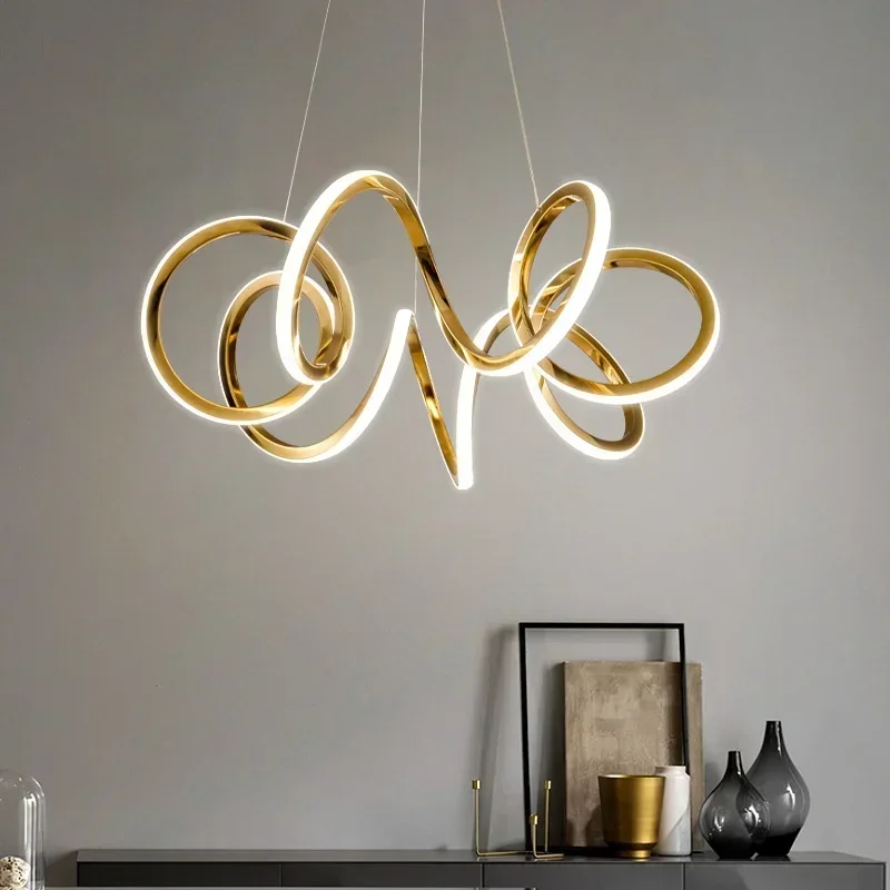 Nordic Gold Twisted Ring LED Pendant Lights Light Luxury Dining Room Kitchen Chandelier Lighting Restaurant Bedroom Lustre Lamps