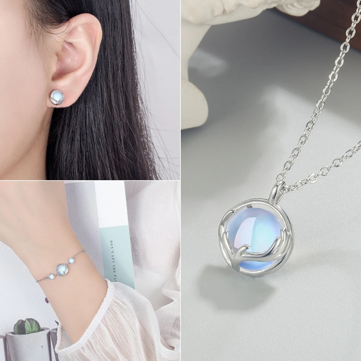 

Комплект ювелирных изделий из стерлингового серебра 925, серьги с рогами и лунным камнем, кристаллы, браслет, ожерелье, элегантные рождественские женские серьги