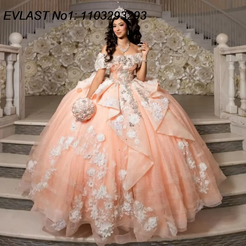 

EVLAST Customized Shiny Pink Ball Gown Quinceanera Dress 3D Floral Applique Beading Tiered Sweet 16 Vestidos De 15 Anos E1QN138