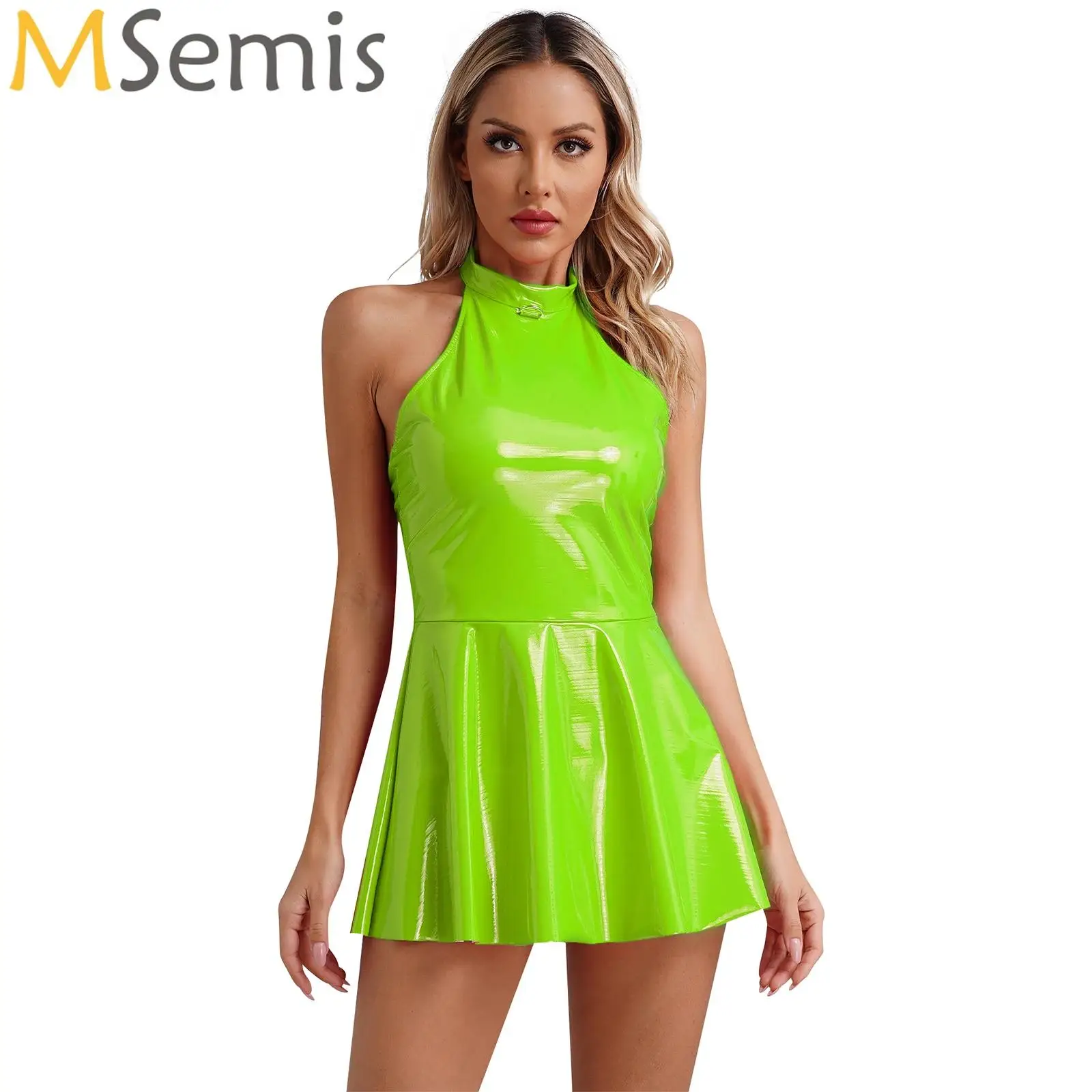 

Womens Glossy Patent Leather Dress Sleeveless Skater Mini Dress Swing Skirt Sexy Dancewear for Festival Performance Clubwear