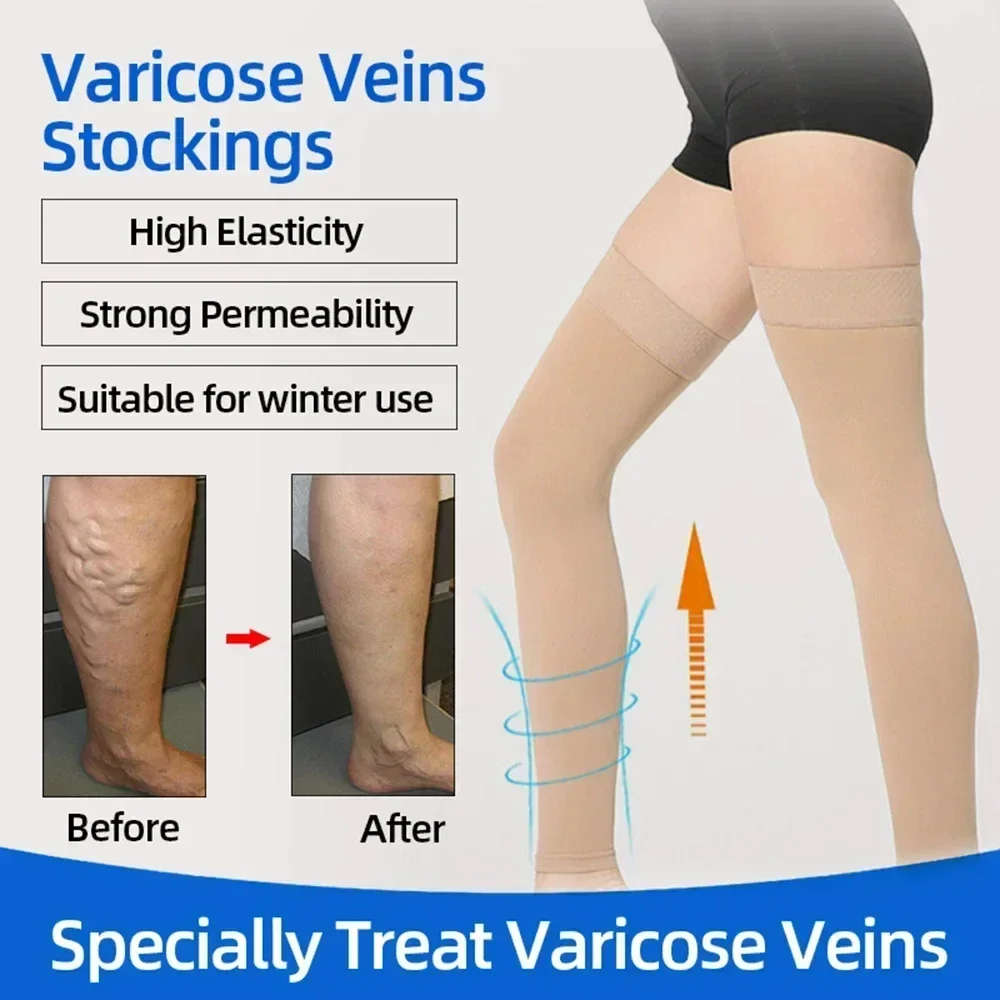 1Pair 20-30 MmHg Compression Stockings, Thigh High Length, Dot-Top,Open Toe, Graduated Support for Varicose Veins, Edema, Flight