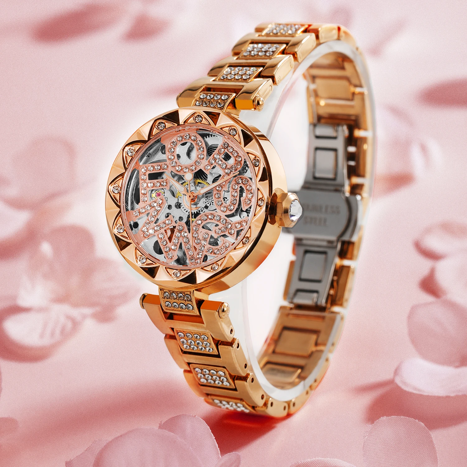 Rose Gold Diamond Automatic Movement Woman Wristwatch Skeleton Mechanical Ladies high-end luxury Women's stainless steel watches