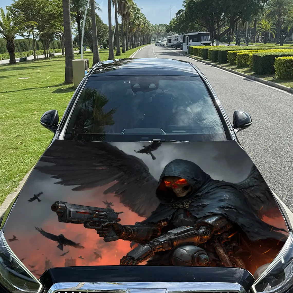 

Cyberpunk Gun-wielding Grim Reaper Print car hood stickers, waterproof self-adhesive, scratch resistant, easy to stick, durable