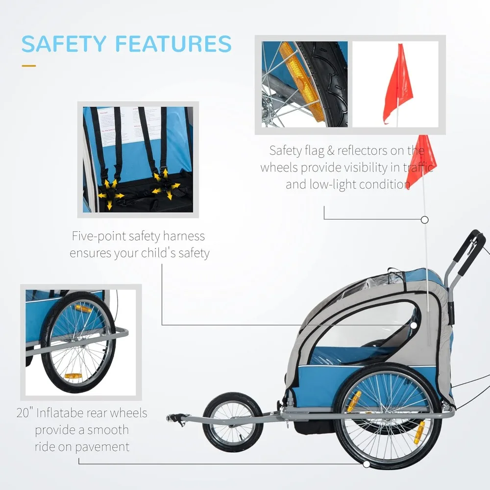 Elite Three-Wheel Bike Trailer for Kids Bicycle Cart for Two Children with 2 Security Harnesses & Storage Pet Stroller