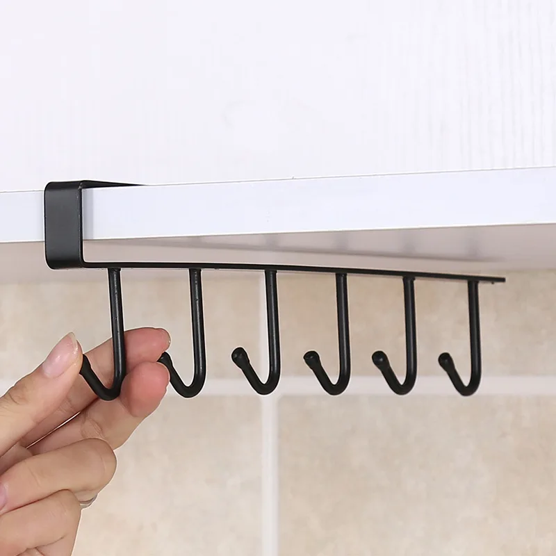 6 Hooks Storage Shelf Wardrobe Kitchen Bathroom Organizer Iron Metal Under Shelves Hanging Rack Mug Cup Utensils Holder Kitchen