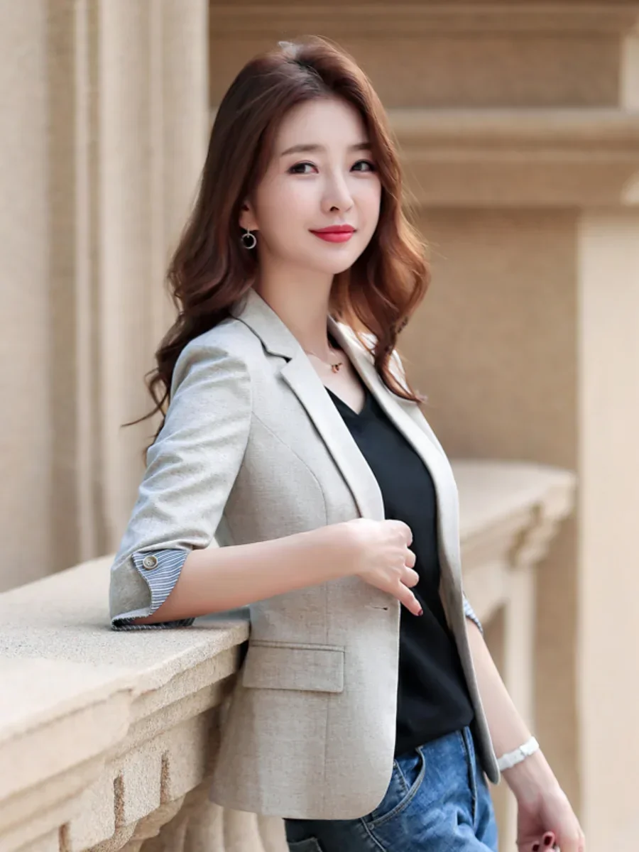 

New Autumn Office Lady Solid Color Three Quarter Sleeve Blazer Women Casual One Button Formal Slim Fit Dress Suit Jacket Women