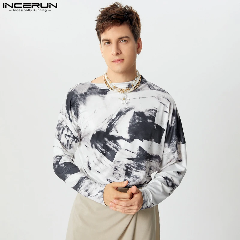 INCERUN Tops 2024 American Style Men's Casual Vintage Printed Pleated Design T-shirts Fashion Male Long Sleeved Knitted Camiseta