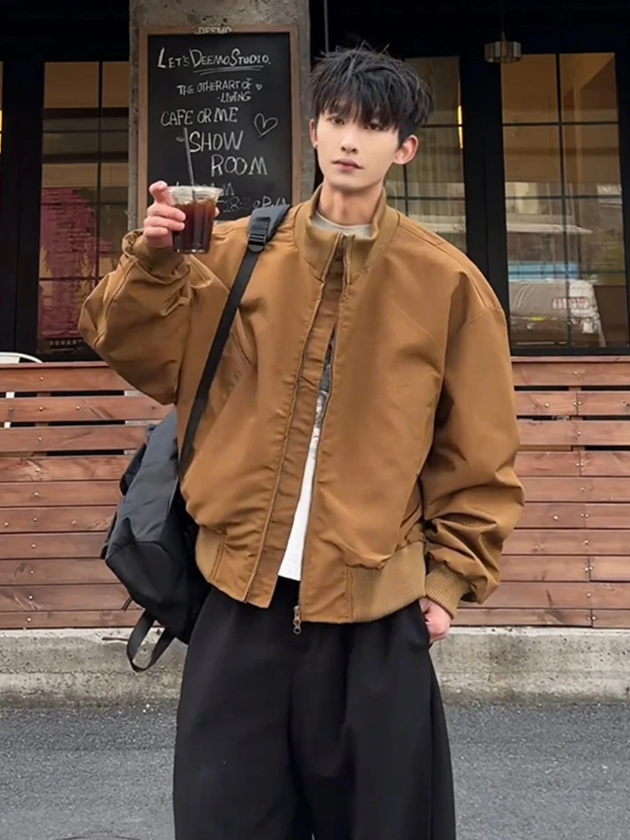 

Brown Stand Collar Flight Jaet Men's Sle Spring American Retro Cleanfit ort Baseball Coat Loose Fit Iron Free Procing
