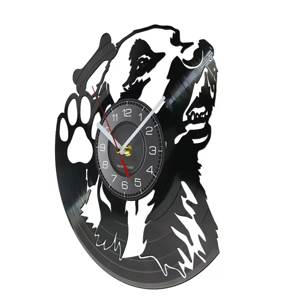 Dog Portrait Silent Wall Clock Made of Vinyl Record LP Dog Paw Dog Bone Puppy Pet Shop Wall Art Retro Home Decor Art Gift