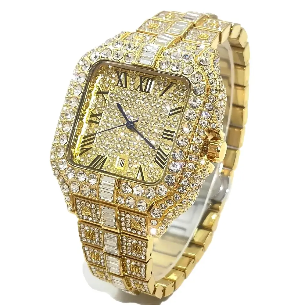 2024 Hot Gold Watch Men Luxury Full Diamond Street Hip Hop Square Quartz Wristwatch With Calendar Droshipping Rlógios Masculino