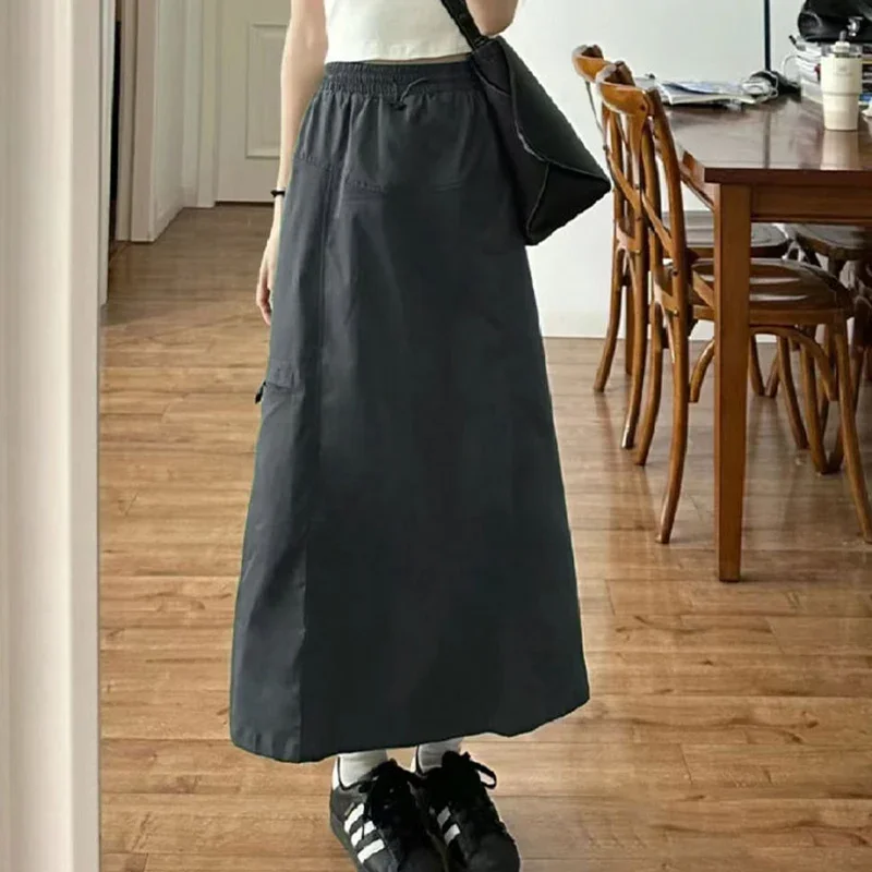 American Drawstring Elastic Waist Cargo Skirt Women Summer Streetwear A Line Mid-Length Skirts Woman Retro Harajuku Thin Skirt