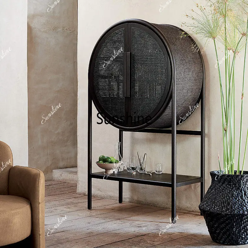New Chinese retro solid wood rattan wine cabinet small apartment living room storage Nordic simplicity