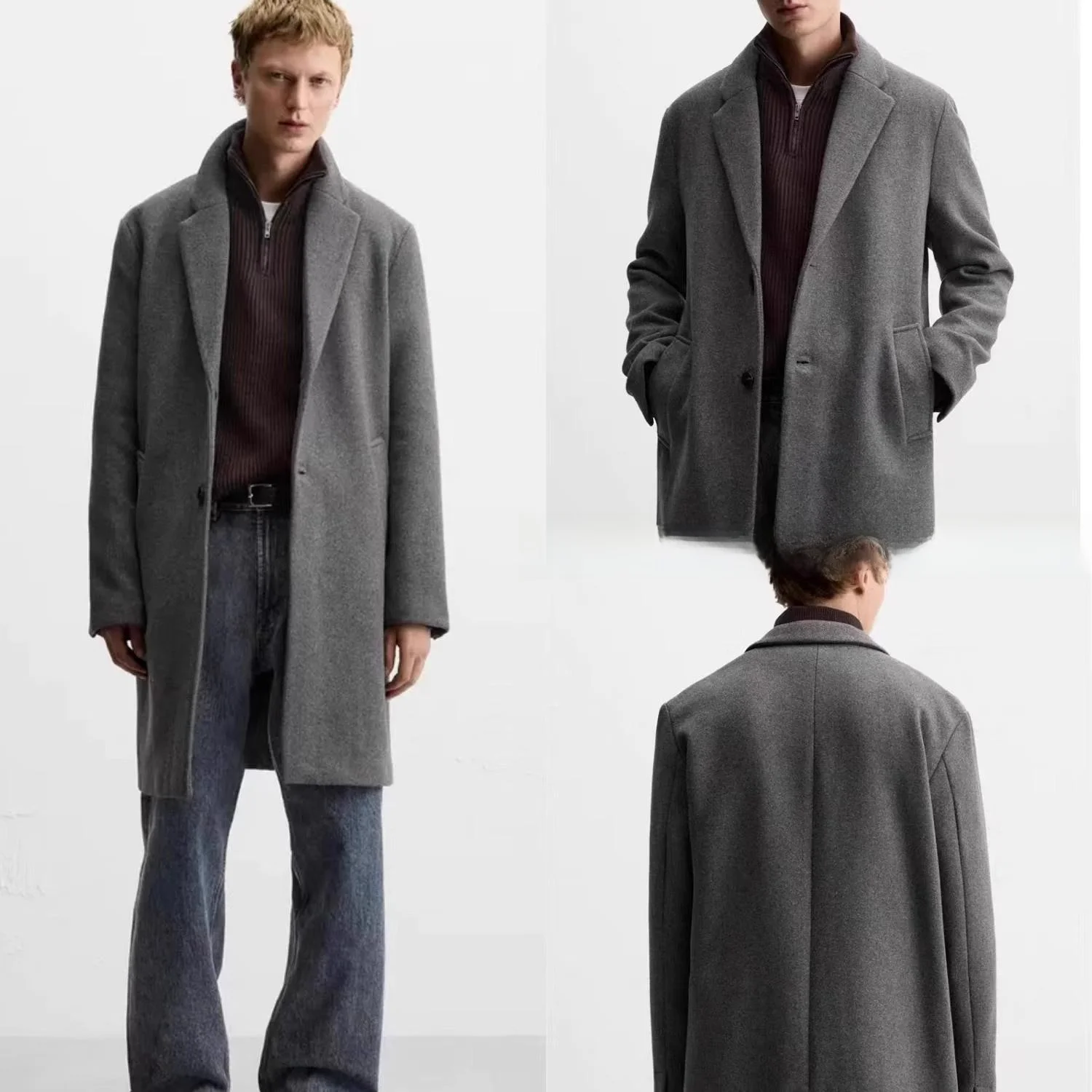 

Autumn Winter Men's ey Wool Blend Long Sve Notch Collar Coat Faionable Urban Busin Casual Sle Warm Stand Fit