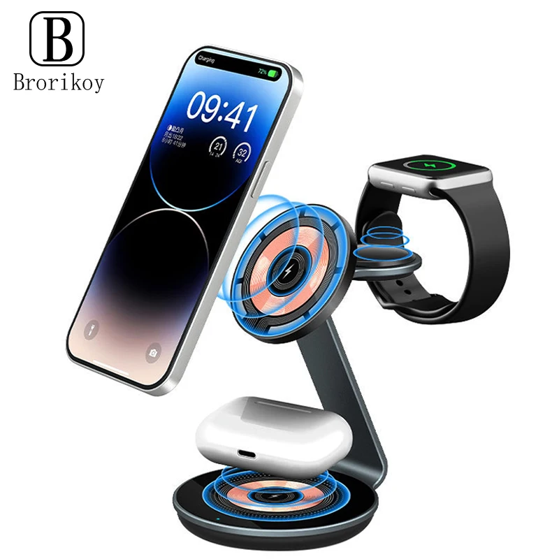 Transparenter magnetischer kabelloser Qi-Ladeständer für Apple Watch 8, 9, iPhone 16, 15, 14, 13, 12 Pro, AirPods, 15 W, schnelles kabelloses Laden