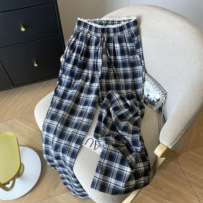 

Женские широкие брюки в темно-синюю клетку с кружевной отделкой и эластичным поясом для повседневной носки и отдыха