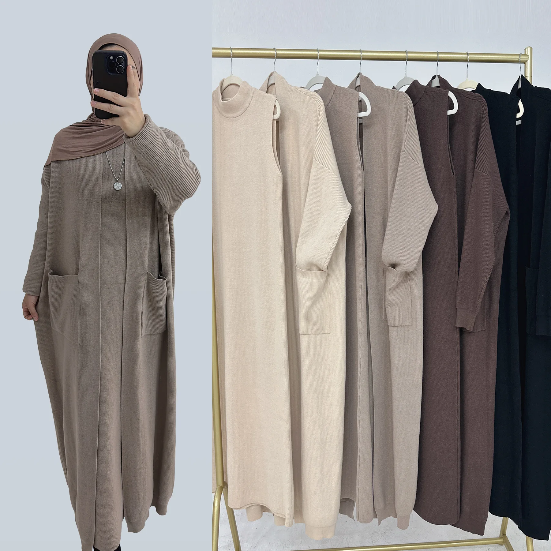 Abaya aperto lavorato a maglia invernale Set da 2 pezzi Kimono + abito senza maniche Set musulmani Abaya caldi per le donne Abiti islamici di lusso Dubai