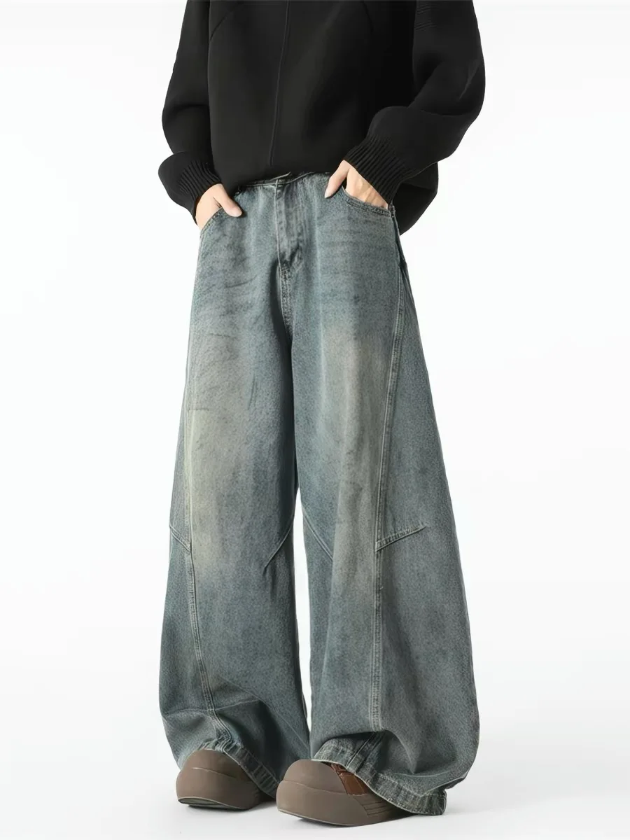 

Retro American Style High Waist Denim Jeans Men Women Loose Fit Torn Knife Folded Cuff Casual Comfortable Non-Stretch