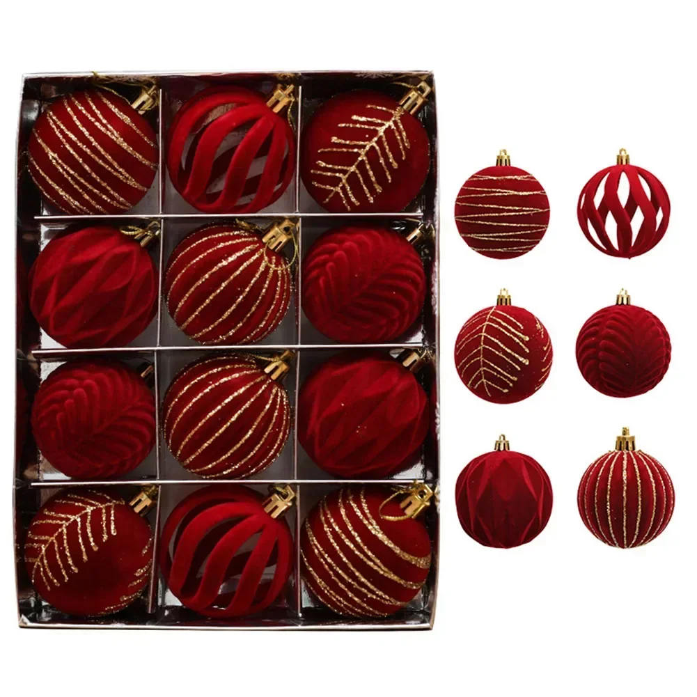 12PCS 6CM Christmas Ball Ornaments Tree Decorations For Holiday Wedding Party Christmas Ball Red Plush Painted Ball Velvet Ball