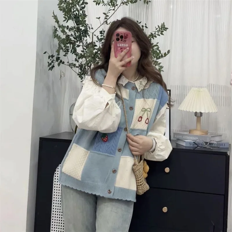 Autumn Waistcoat Kawaii Clothes Elegant Sweet Round Neck Sleeveless Cardigan Vest Knitwear Vests Coats