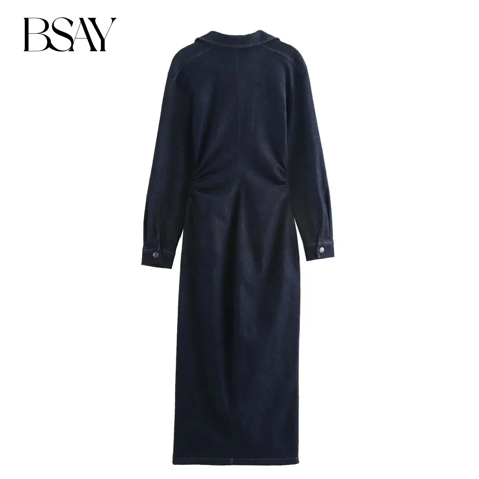 BSAY Damesmode Nieuwe Denim Lange Mouwen Single Breasted Revers Vintage Shirt Stijl Jurk Frankrijk Chique Vrouwelijke Avond Mujer