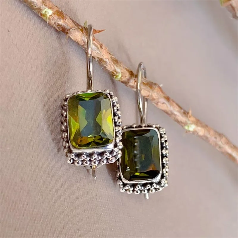 Vintage Inlaid Olive Green CZ Dangle Women's Earrings Trendy Silver Color Geometry Daily Wear Party Jewelry Anniversary Gift