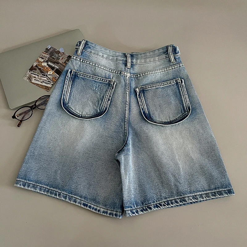 Short en jean Vintage pour femmes, taille haute, trous, droit, bleu, pantalon court, polyvalent, pour les déplacements, jambes larges, été
