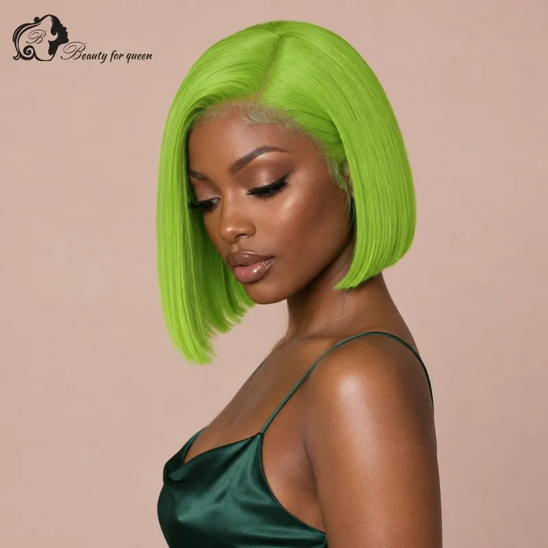 Brazilian Neon Green Straight Lace Front Wig Bob Vivid Everyday Middle Part Vixen Glueless Flawless Glue And Go Extensions