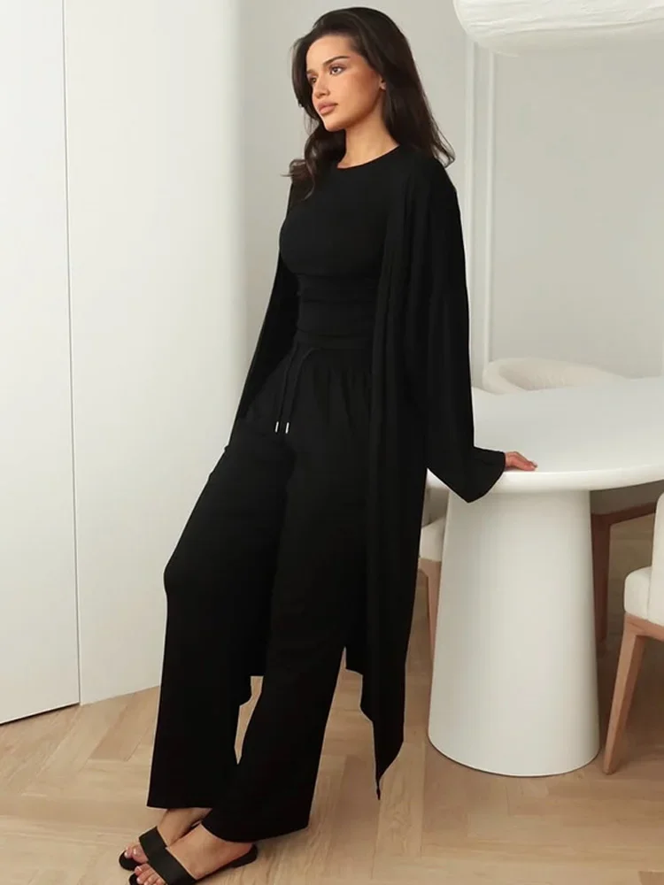 CPSYMYM 캐주얼 셔츠 코트 바지 여성 세트 오-넥 티셔츠 바닥 길이 코트 와이드 레그 바지 여성 세트 여름 세련된 레이디 Sui