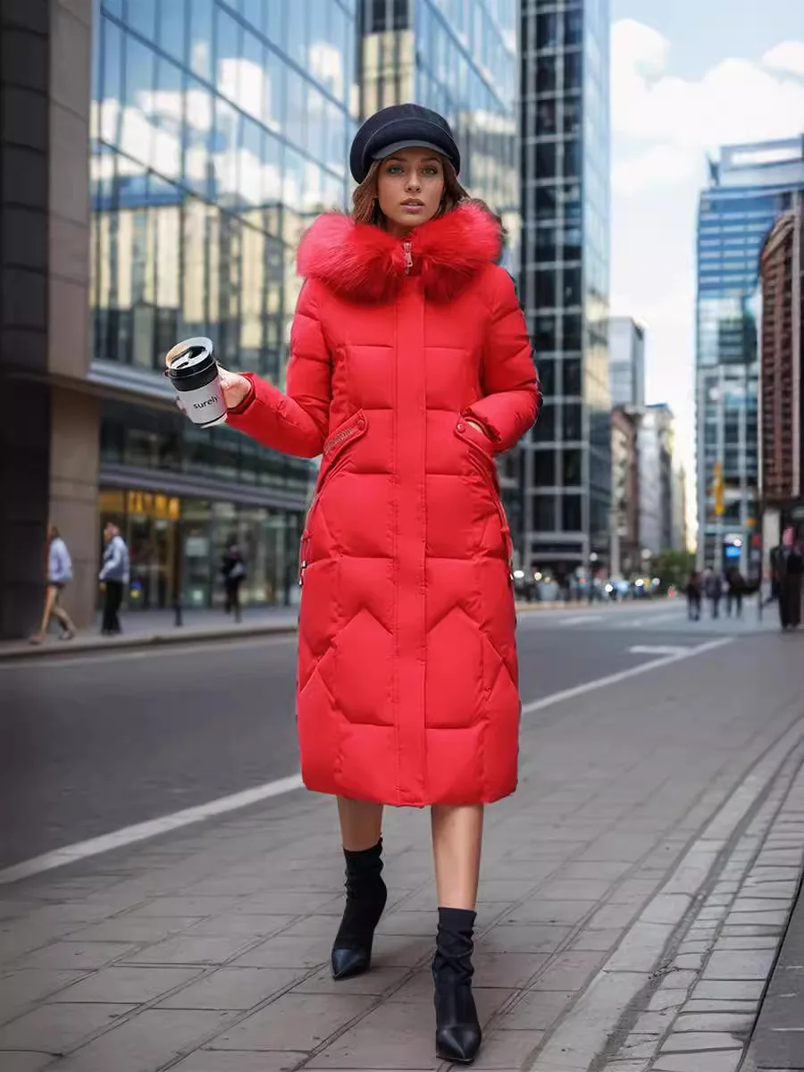 Winter Woman Parka Long 2024 New Down Coat Fur Collar Thicken Warm Loose Zipper Pockets Hodded Coat Female Stylish Woman Clothes