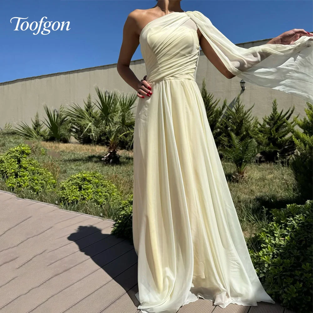 ชุดราตรีผู้หญิงสีเหลืองแบบไหล่เดียว ผ้าชีฟอง ดีไซน์หรูหรา จับจีบ สำหรับงานเลี้ยงอย่างเป็นทางการ ชุดราตรียาวสั่งตัดได้ สไตล์ซาอุดิอาระเบีย