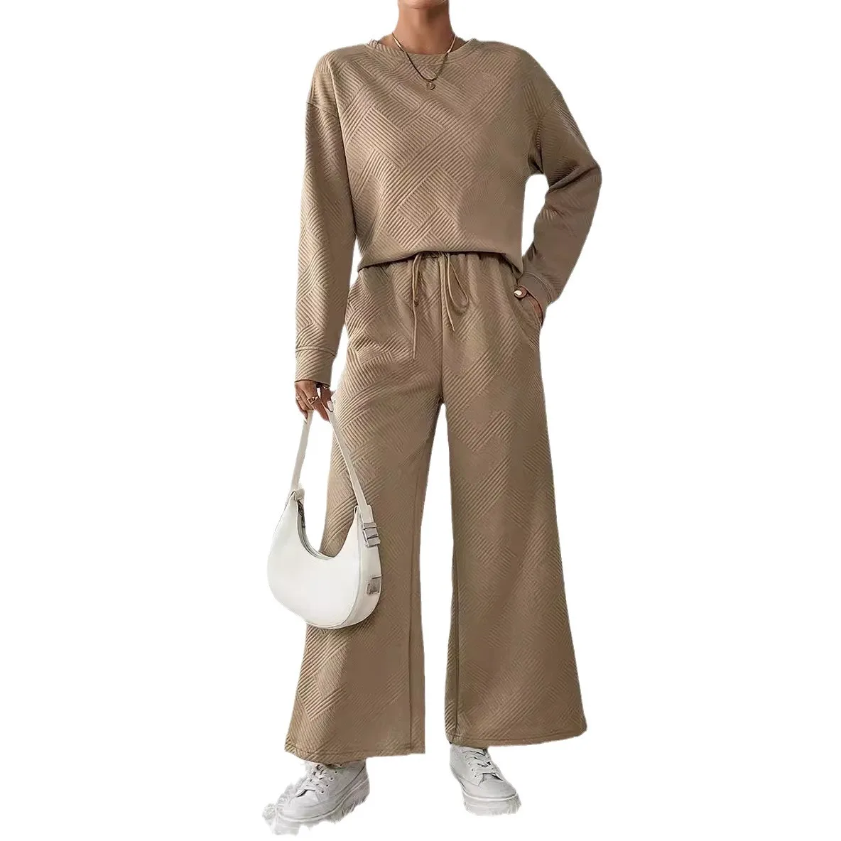 2025 American European New Fashion Loose Simple Solid Color 2 Piece Sets Women's Long Sleeve O-neck Tops Drawstring Jogger Pants