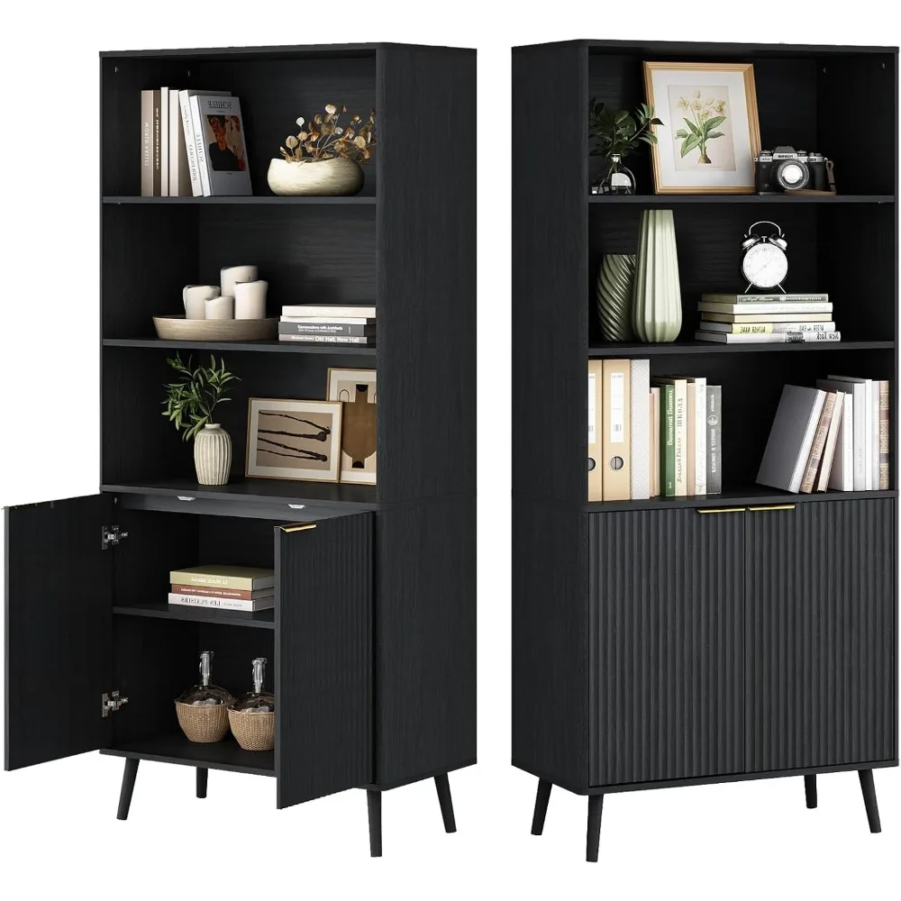 

Black Bookcase with Fluted Doors, 70.9" Tall 5-Tier Bookshelf with Adjustable Shelves, Wooden Storage Cabinet for Living Room
