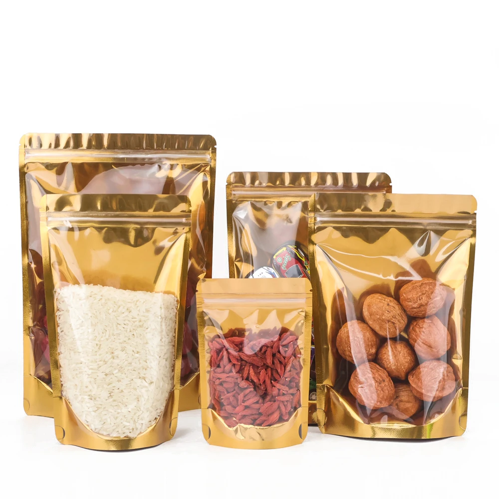 100 Stück Goldene Feuchtigkeitsbeständige Standbeutel Transparente Ziplock-Aufbewahrungsbeutel für Bohnen, Nüsse, Lebensmittel und Getreide